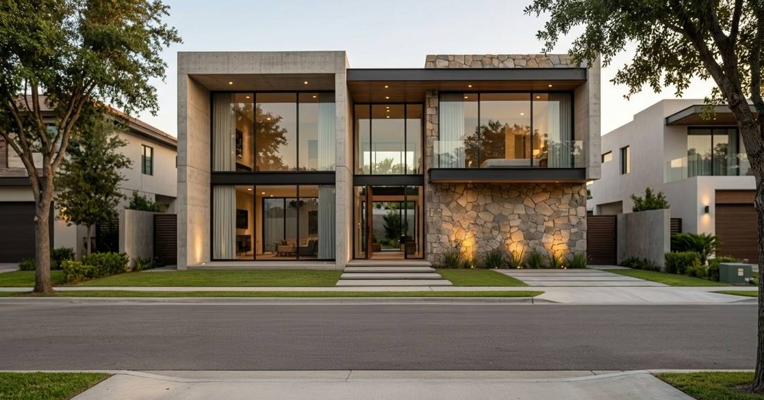 Residencia de concreto aparente y piedra con grandes ventanales