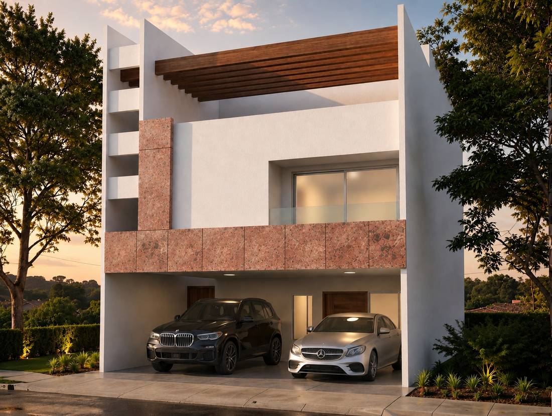 Casa con fachada de cantera rosa y pérgola de madera