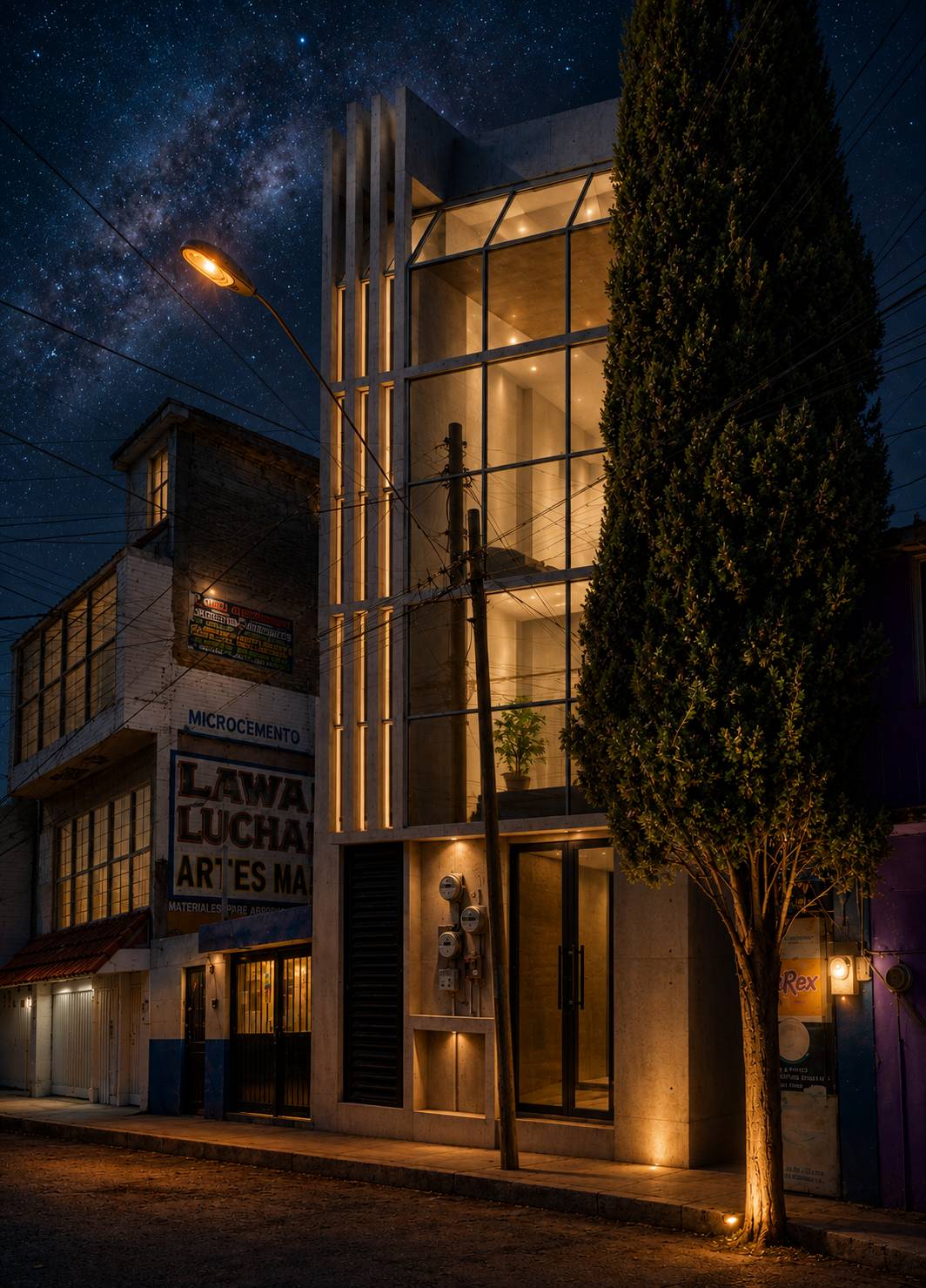 Edificio de uso mixto con fachada de cristal iluminada de noche